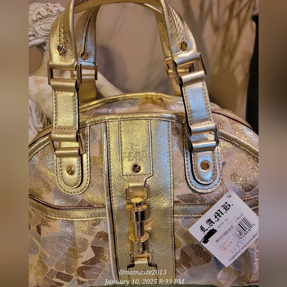 L.A.M.B. Gwen Stefani Gold Glam Jill Satchel Luxury Designer Metalic Leather 81 - Picture 10 of 15